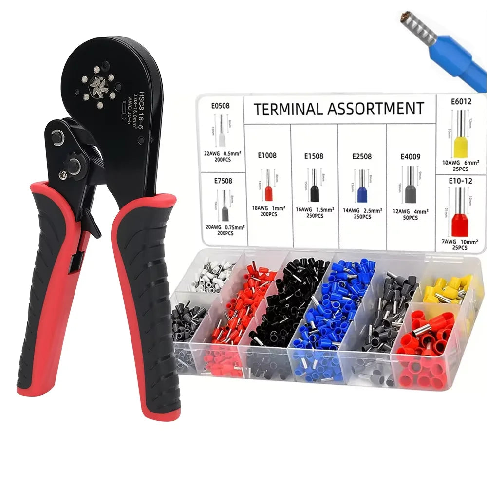DTCTK Pliers Ferrule Sleeves Tubular Terminal Tools HSC8 16-6 Wire Crimper Household Electrical Sets 1200pcs Terminal Pliers set