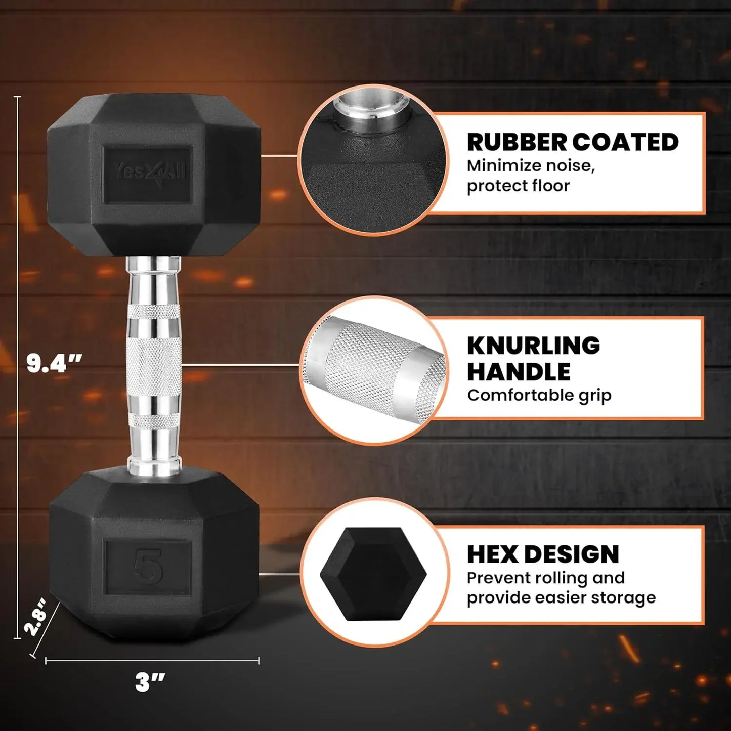 Chrome Hex Dumbbell - 5LB Non-Slip Grip Hand Weight for Home Gym Fitness