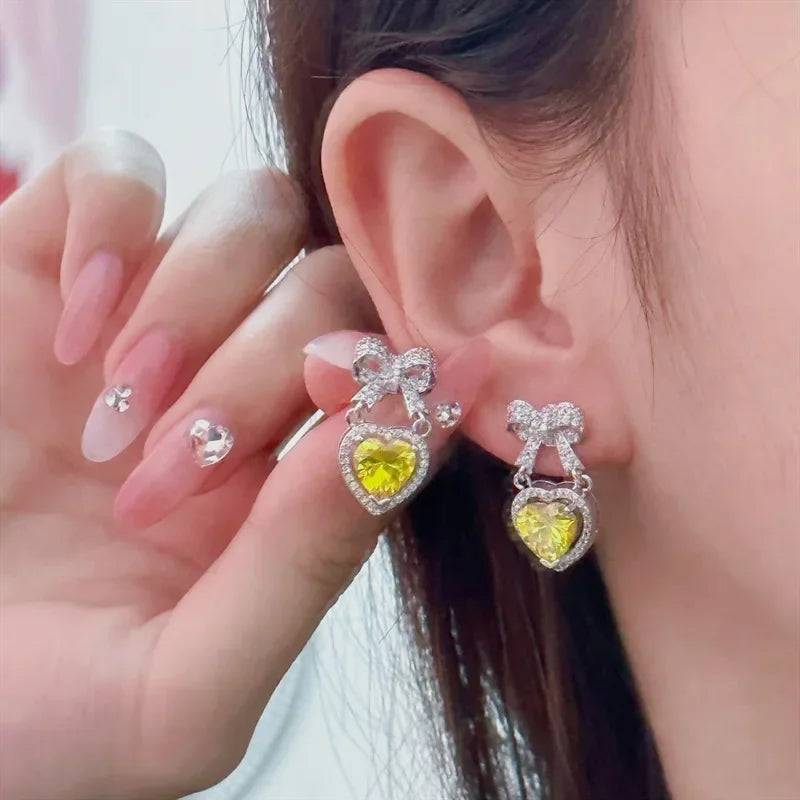 MDL Moissanite Style Sparkling Color Gems Rainbow Color Heart Drop Earrings 18K Gold Plated Heart Ribbon Zirconia