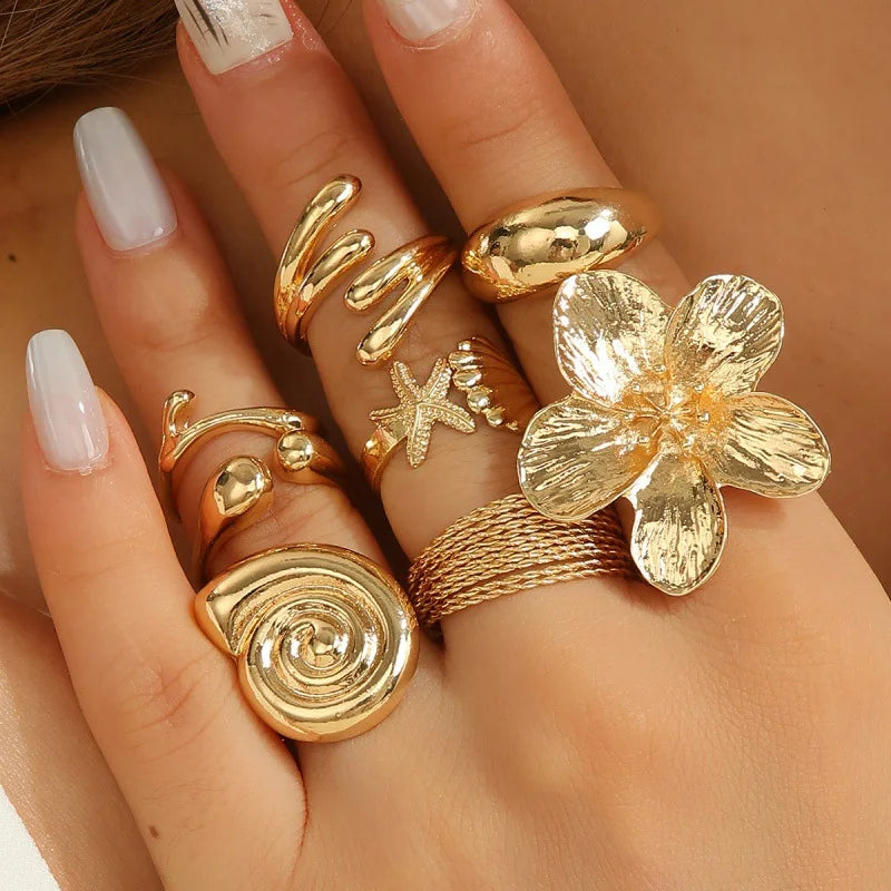 8Pcs New Irregular Metal Flower Open Ring for Women's Elegant Imitation Pearl Ring Jewelry Accessories Geometric Finger Ring Jew