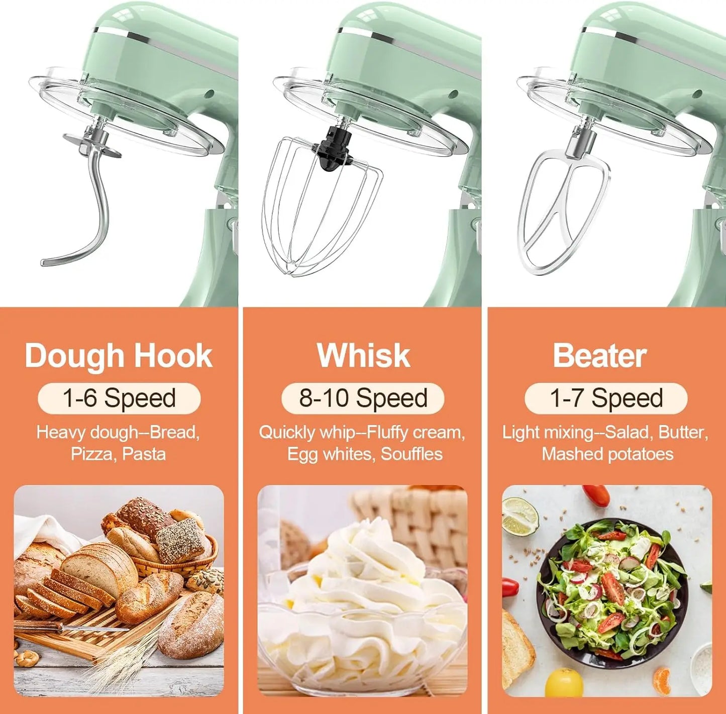 3-IN-1 Electric Stand Mixer, 6.5QT Bowl 660W 10-Speed Kitchen Mixer, Household Food Mixers include Dough Hook, Beater and