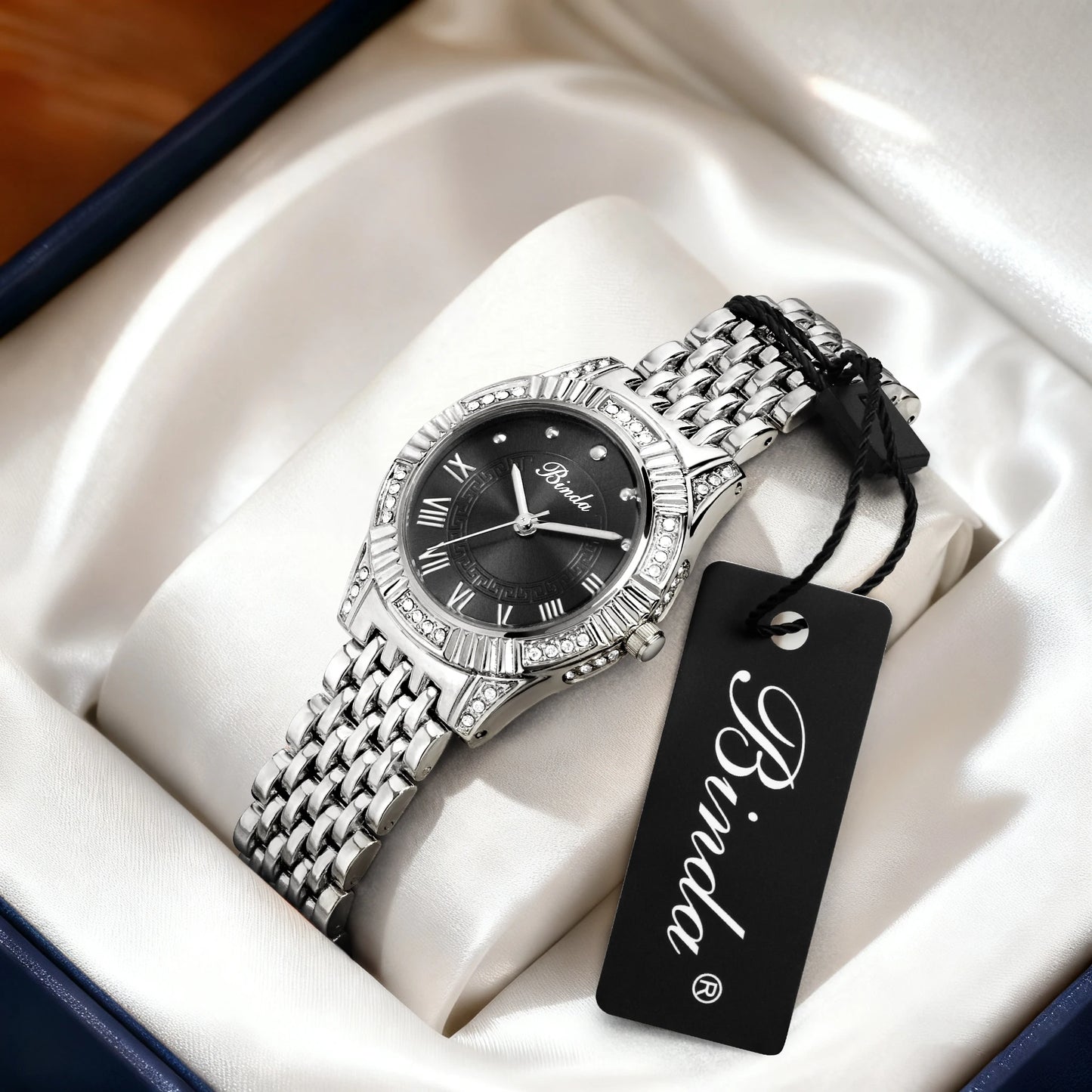 Binda Women's Fully Iced-Out Quartz Watch, Elegant Round Dial, High-Quality Rhinestones, Multi-Color Options, With Gift Box