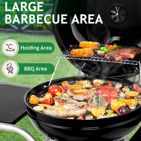 Kettle Charcoal Grill with 2 Side Tables, Storage Shelf, Upgraded Ash Catcher,Outdoor Cooking Barbecue Grill with Wheels