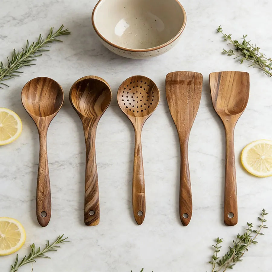 5-Piece Wooden Cooking Utensil Set, Durable Easy to Clean Kitchen Tools with Turner, Spatula, Skimmer, Soup Ladle Serving Spoon