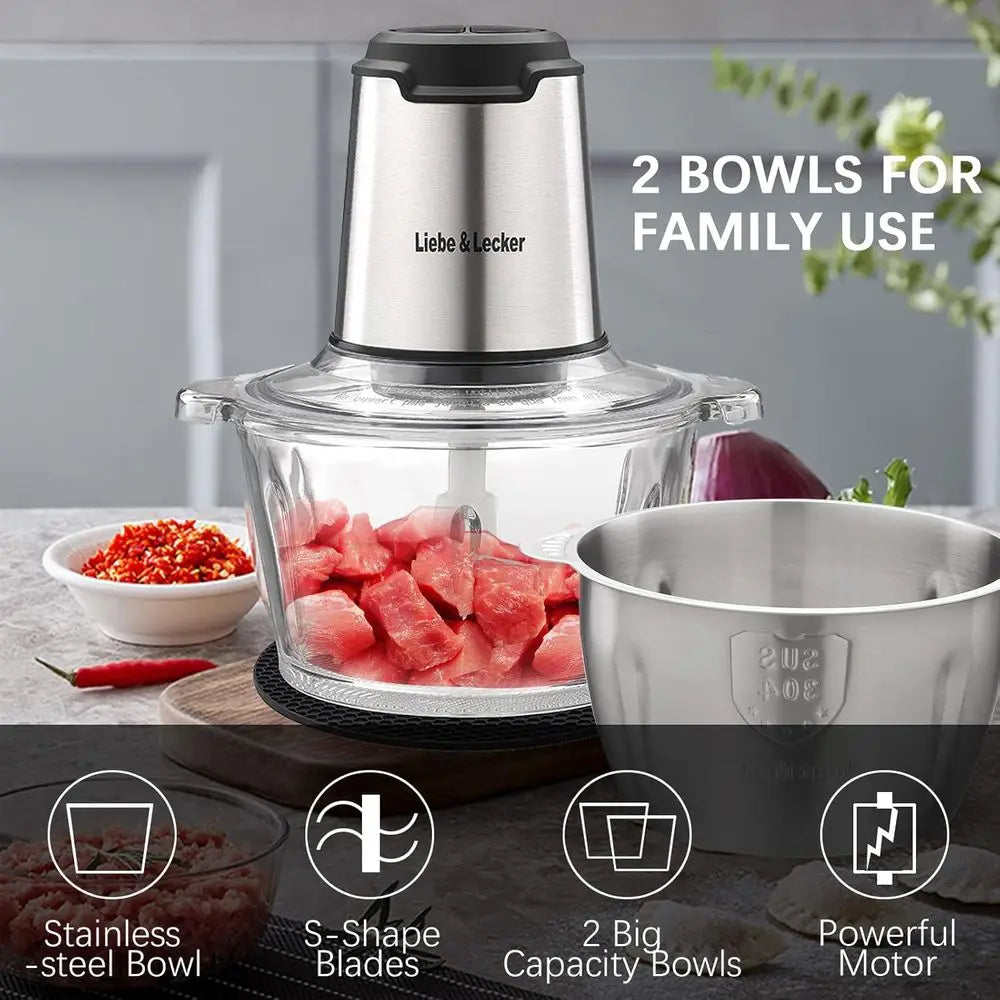 Meat Grinder with 2 Bowls 8 Cup and 8 Cup, Electric Vegetable Chopper with 4 Large Blades for Fruits, Meat, Vegetables, Baby Foo
