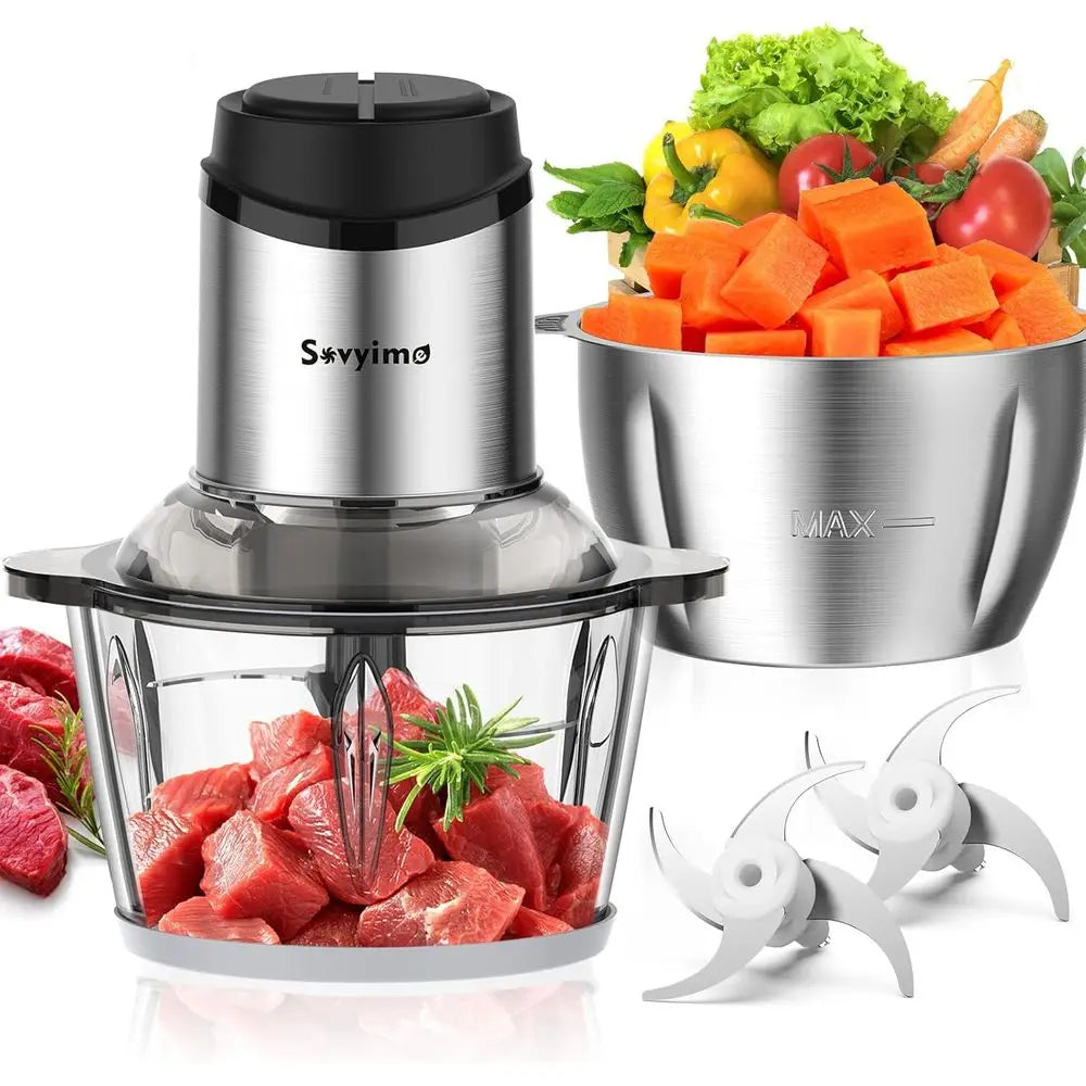 Electric Meat Grinder and Vegetable Chopper, 2 Bowls, 8 Cup Capacity, 350W, Bi-Level Blades