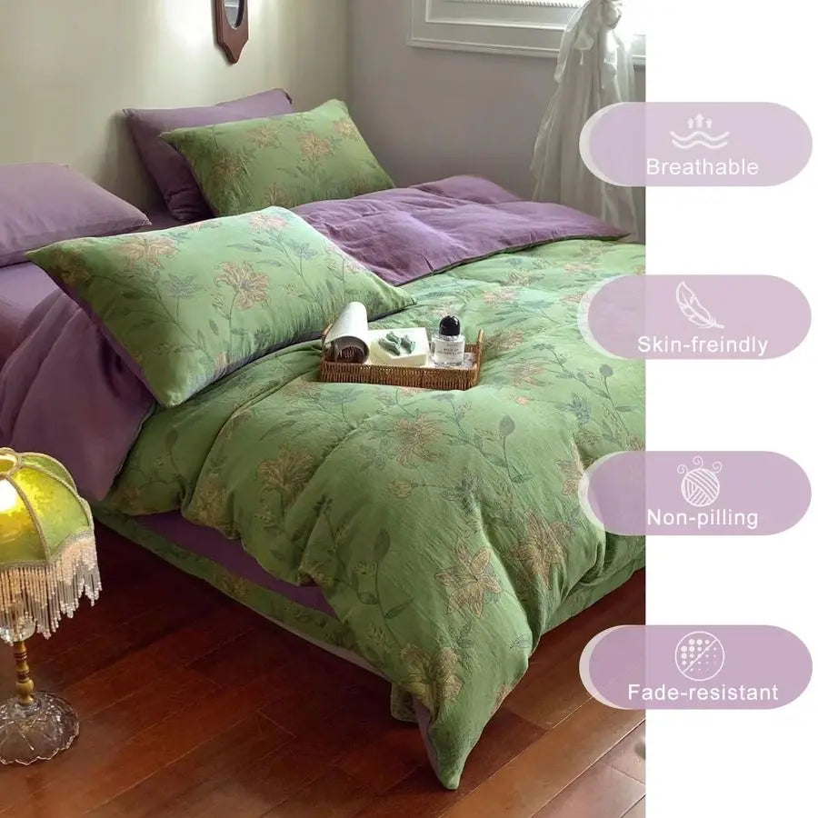 Linen Cotton Jacquard Duvet Cover Queen,3 Pcs YarnDyed Textured Duvet Cover Set Green Purple Floral Bedding Breathable, Natural