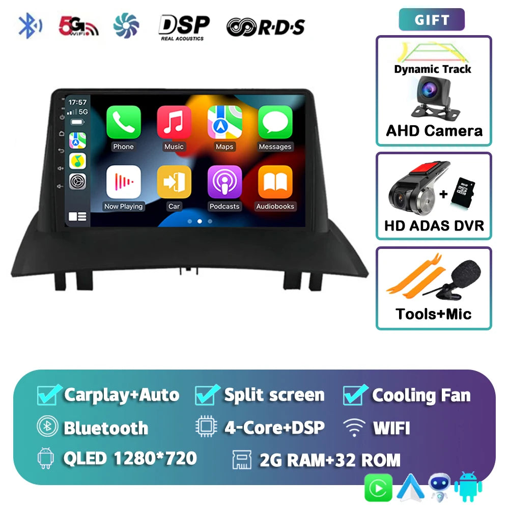 Android 15 For Renault Megane 2 2002-2009 2K QLED Android Car Radio Multimedia Video Player GPS Stereo CarPlay 4G Navigationv BT