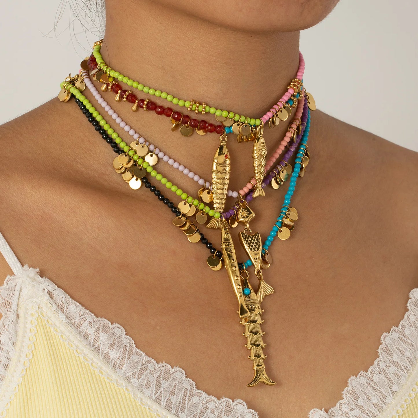 Bohemian Tassel Beaded Chain Necklaces For Women Stainless Steel Fish Pendant Necklace Waterproof Stackable Jewelry Gifts