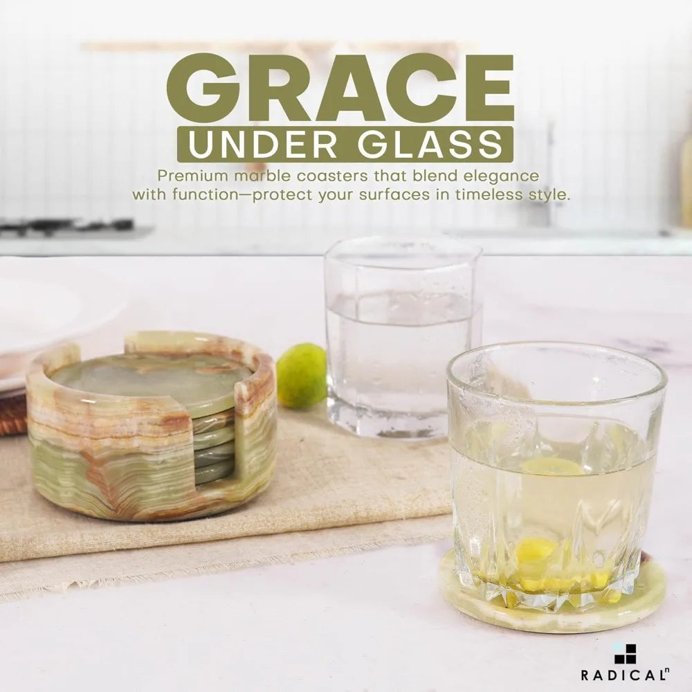 Green Onyx Marble Coasters Set of 6 with Holder, 3.5 Inch Round Drink Coasters for Table Decor