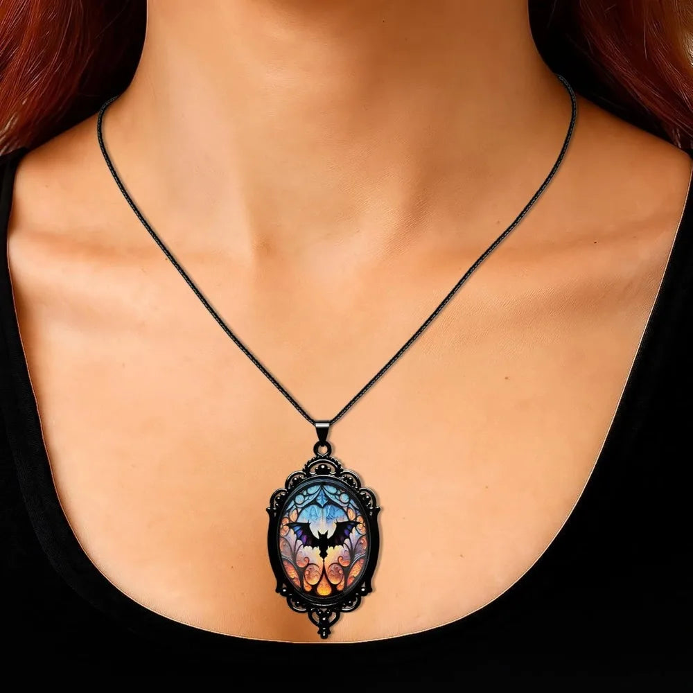 Gothic Necklace, Witch Raven Locket Necklace as Goth Accessories for Halloween Costume Jewelry for Women, Bat Pendant Rose Vampi