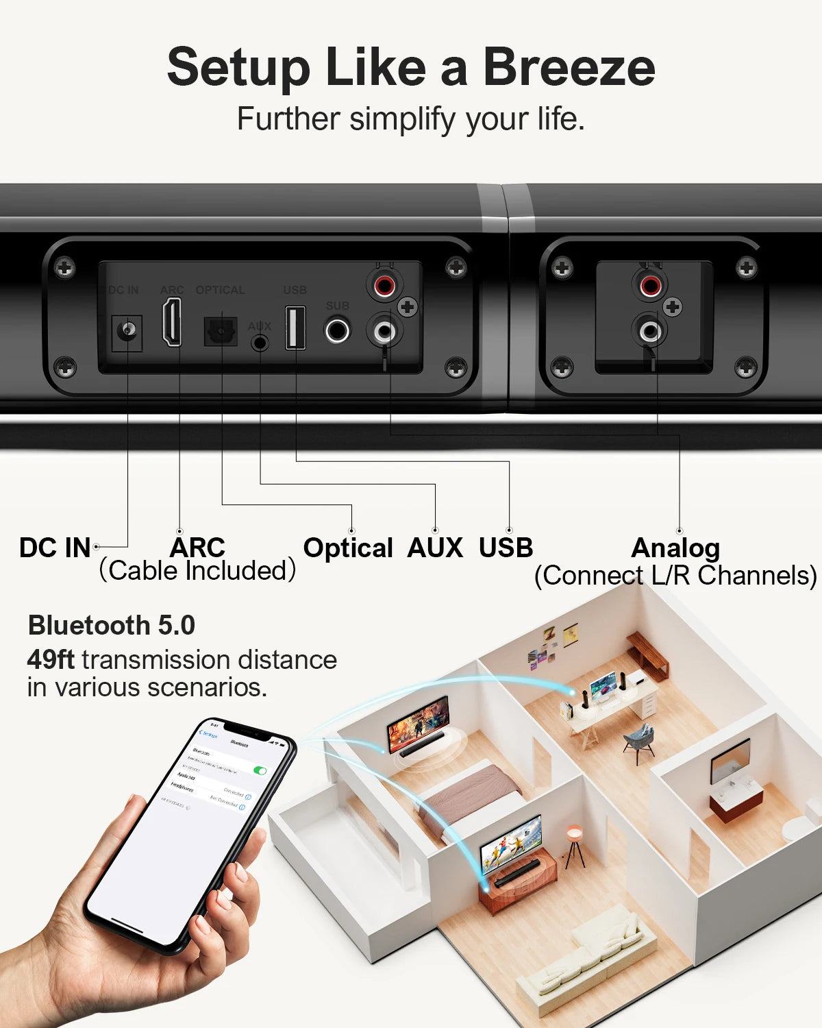 ULTIMEA 100W 2.2ch TV Sound Bar, 2-in-1 Detachable Bluetooth Soundbar for TV, Bass Adjustable, 3 EQ Modes, Apollo S40 Series