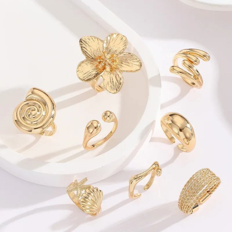 8Pcs New Irregular Metal Flower Open Ring for Women's Elegant Imitation Pearl Ring Jewelry Accessories Geometric Finger Ring Jew