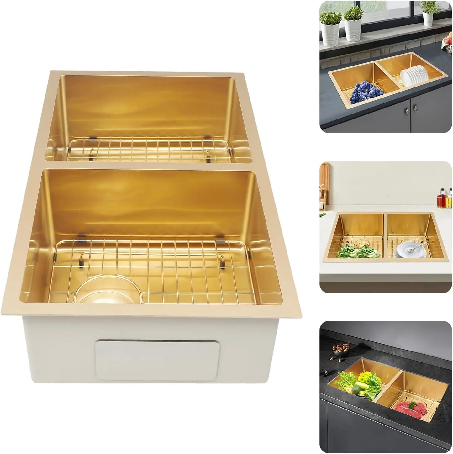 Double Bowl Sink, 31 Inch Undermount Stainless Steel Sink with Grid and Drainer for Commercial Kitchens, Homes, Backyards (Gold)