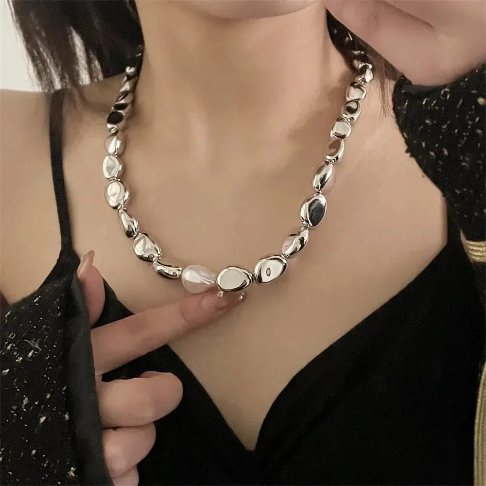 Vintage Silver-plate Geometric Exaggerated CCB Chain Necklace For Women Female Fashion Boho Artificial Pearl Y2K Jewelry Gift