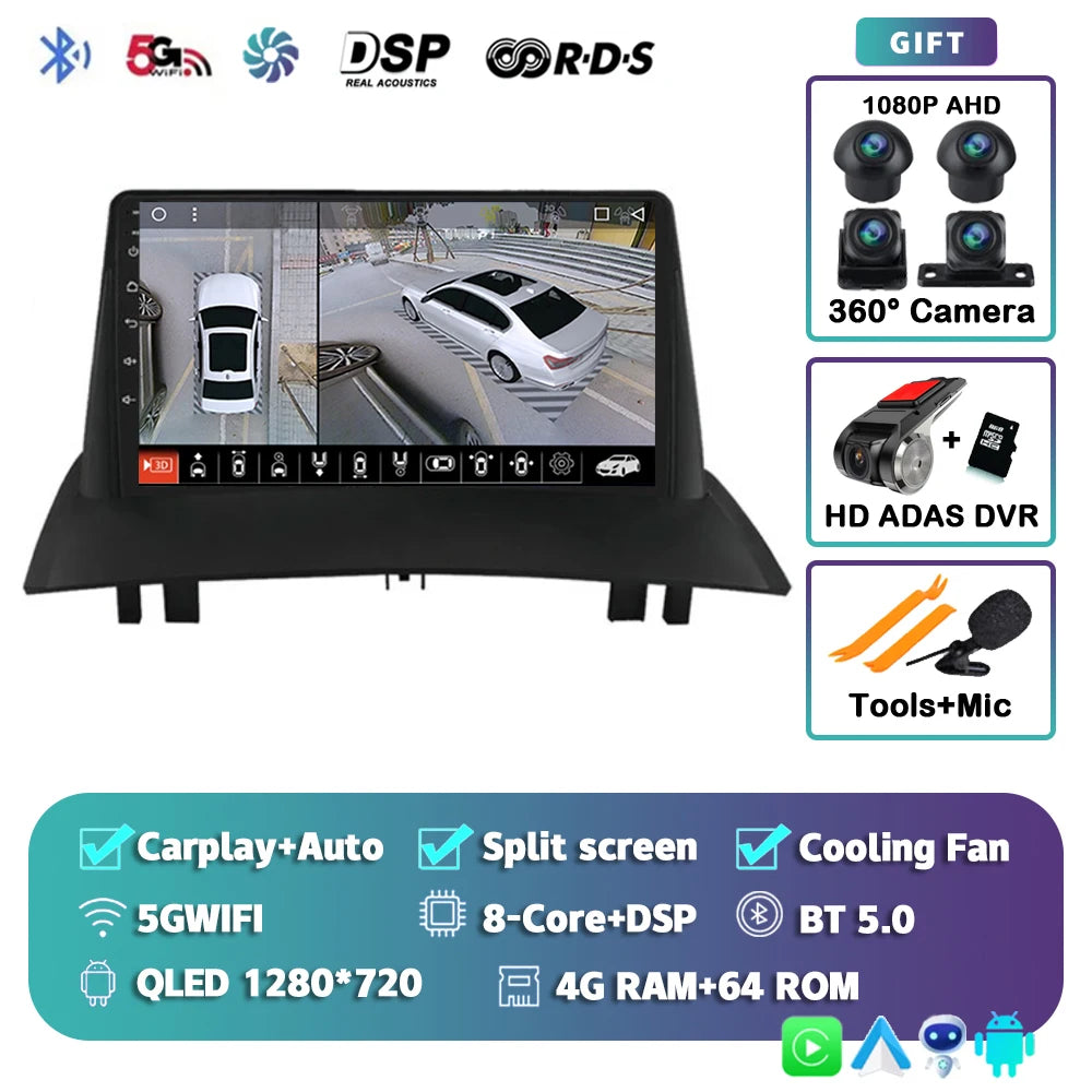 Android 15 For Renault Megane 2 2002-2009 2K QLED Android Car Radio Multimedia Video Player GPS Stereo CarPlay 4G Navigationv BT