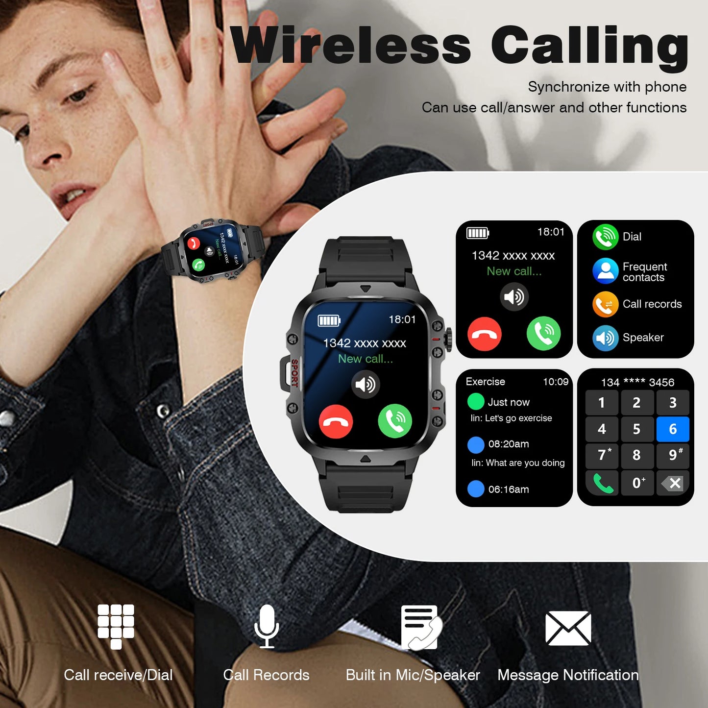 Smart Watch with Flashlight, Bluetooth Calling, Message Reminder, Stainless Steel Strap, Compatible with IPhone/Android