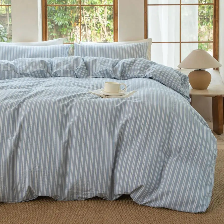 100 Washed Cotton Linen Like Duvet Cover Set,3 Pcs Striped Duvet Cover with Zipper ClosureStripCornflower Blue White,Queen