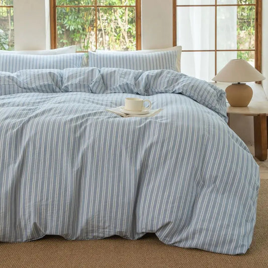 100 Washed Cotton Linen Like Duvet Cover Set,3 Pcs Striped Duvet Cover with Zipper ClosureStripCornflower Blue White,Queen