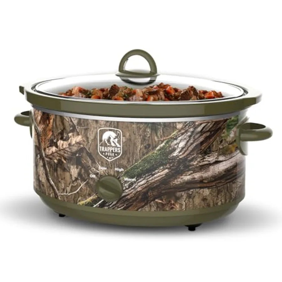 7 Quart Oval Slow Cooker Pot with Heat Settings for Kitchen Appliances Counter Top Use and Cooking Camo Green