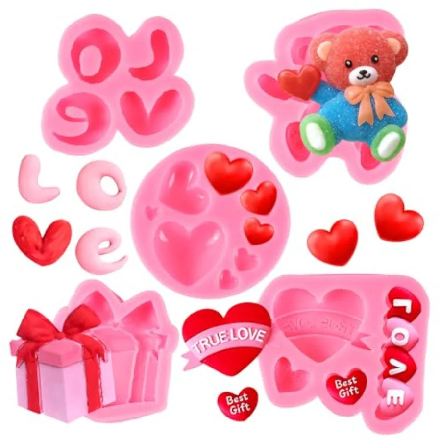 5Pcs Heart Chocolate Molds Silicone Set Valentine Silicone Chocolate Molds with Bear LOVE Letter and Gift Box Shapes Red Silico