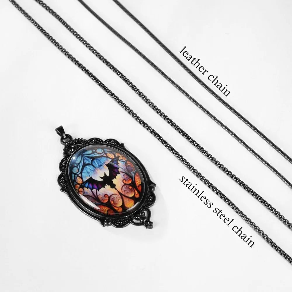 Gothic Necklace, Witch Raven Locket Necklace as Goth Accessories for Halloween Costume Jewelry for Women, Bat Pendant Rose Vampi