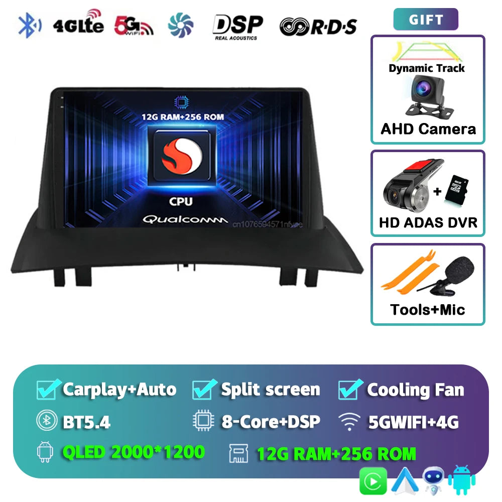 Android 15 For Renault Megane 2 2002-2009 2K QLED Android Car Radio Multimedia Video Player GPS Stereo CarPlay 4G Navigationv BT