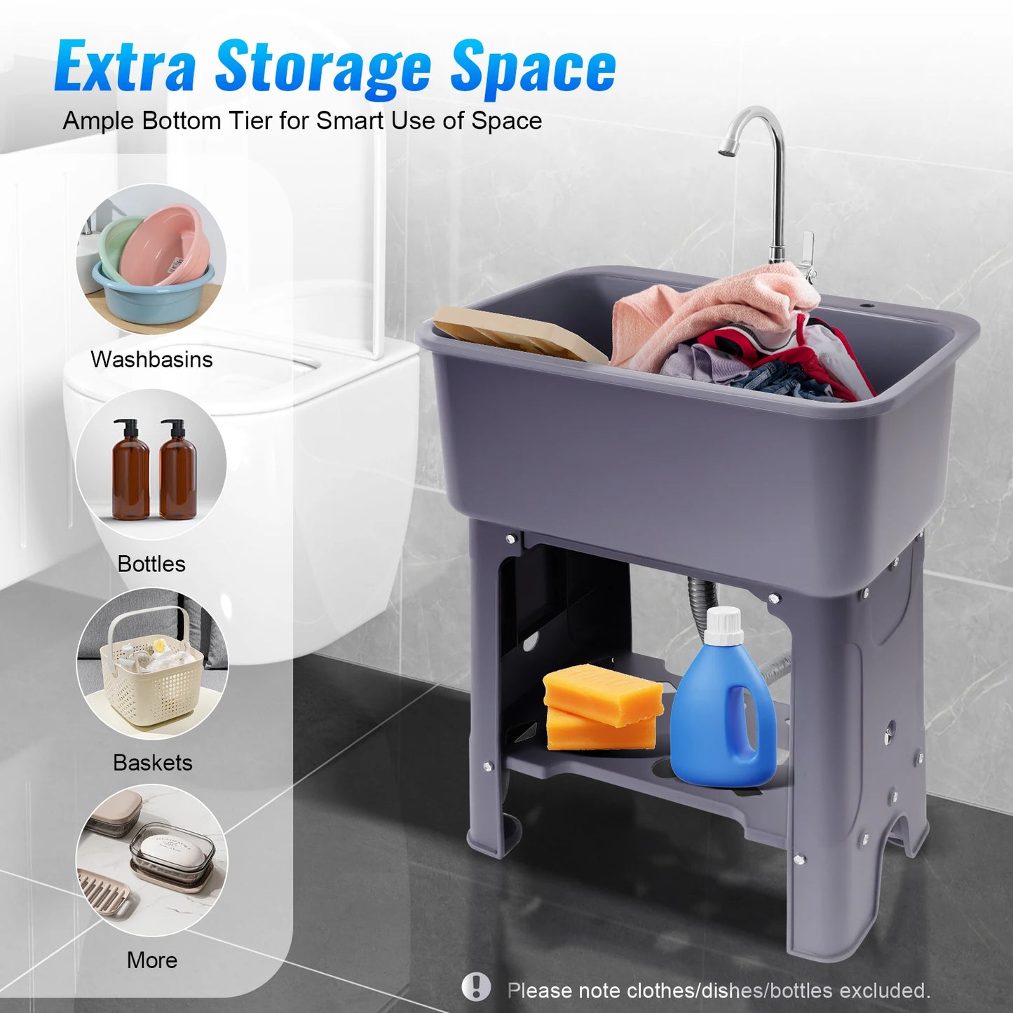 Utility Sink with 360° Faucet, 48L Large Capacity Laundry Sink for Cleaning Kitchen Garage, PP Freestanding Sink with Washboard