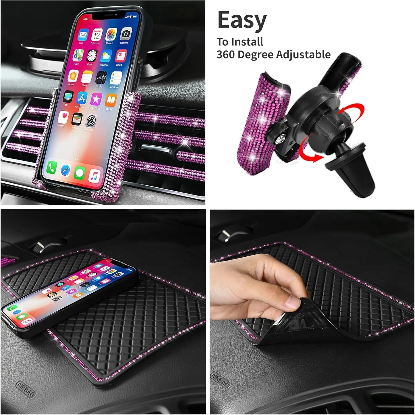 Pink Bling Car Accessories Set: Steering Wheel Cover, License Plate Frame, Phone Holder & Decorations for Women