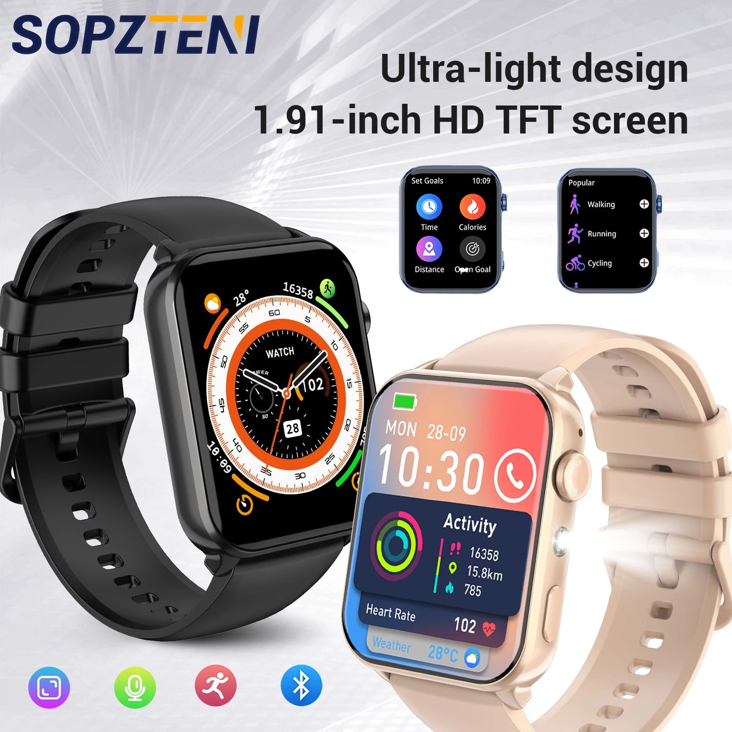 SOPZTENI 2025 New R30 Max Smartwatch with LED Flashlight 1.91'' TFT Screen Health Monitor Bluetooth Call Watch for Android IOS