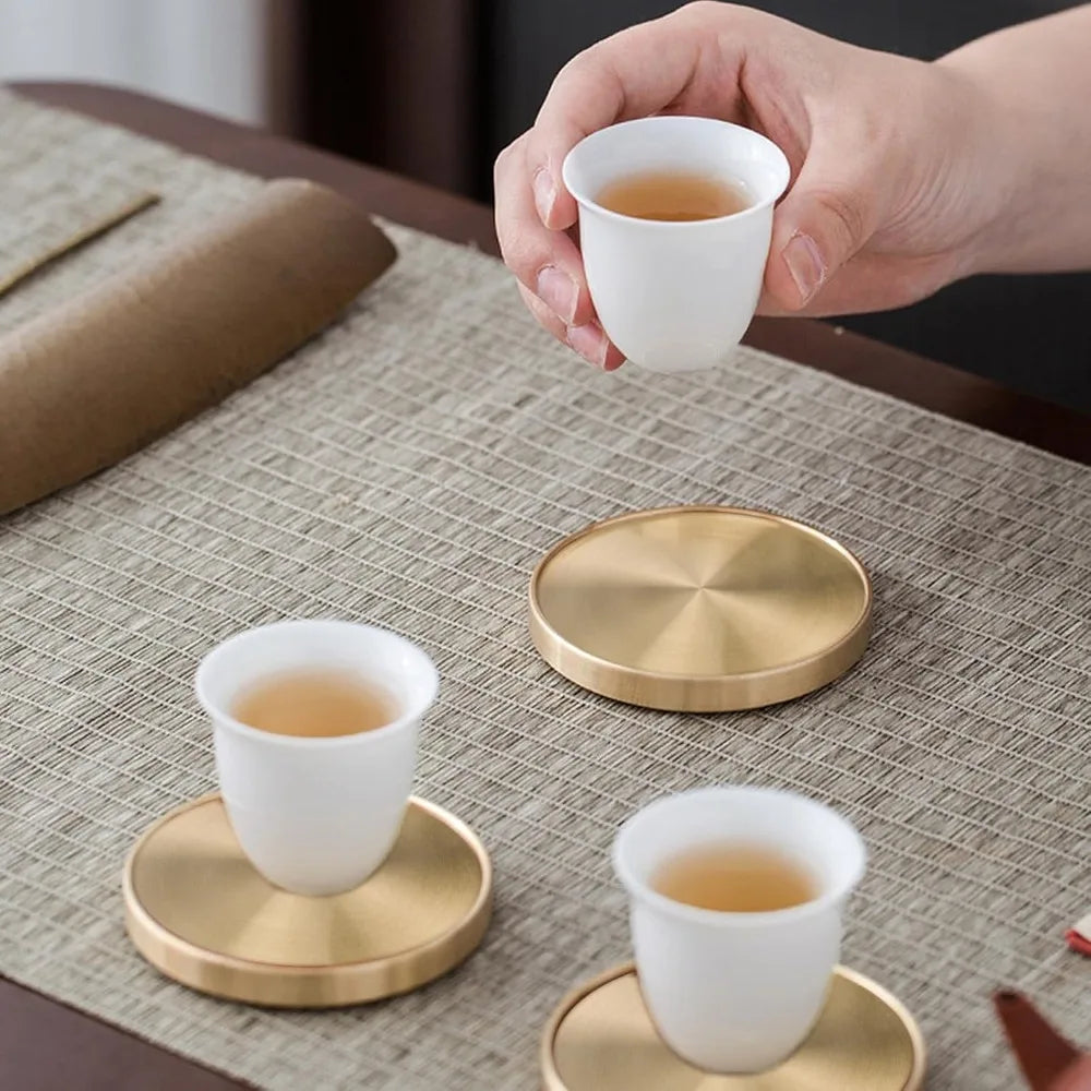 Set of 6 Brass Coasters for Drinks in Bronze Gold - Elegant MCM Style with Copper Accents, Perfect for Table and Bar Decor