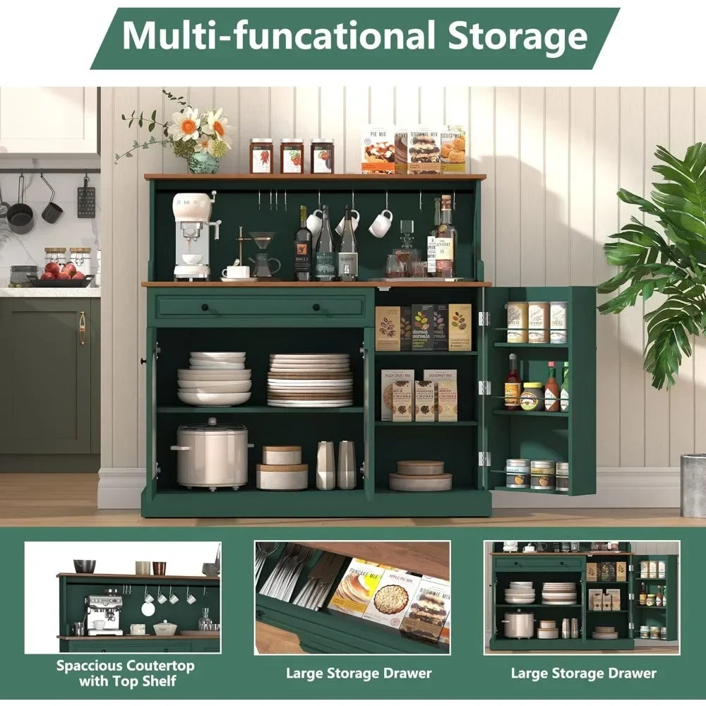 48” Coffee Bar Cabinet with Glass Doors, Wood Kitchen Pantry Cabinet with Glass Doors, Green Microwave Cabinet，Kitchen Cabinets